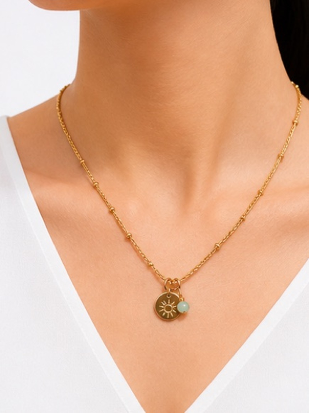 Gold Sun Charm Necklace w/ Aquamarine Gem Minimal Boho Luxe